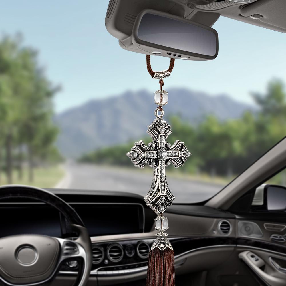 Metal And Crystal Diamond Cross Jesus Christian Car Rear View Mirror Car Pendant Hanging Car Accessories Automobiles Decoration