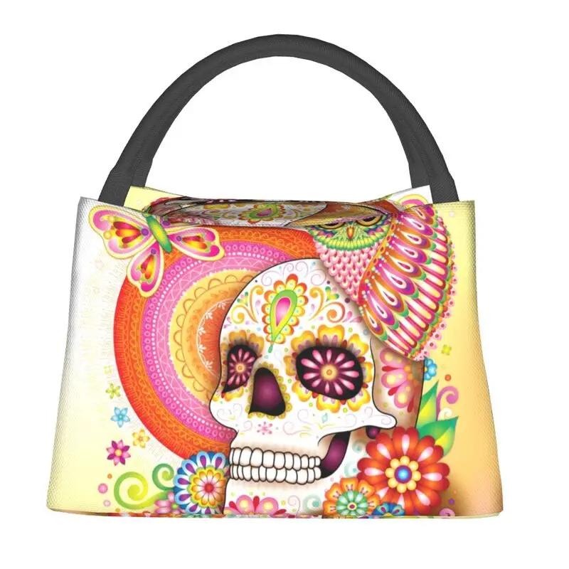 День мертвых котенок кошка сахарный череп термоизолированные сумки для обеда женщины мексиканский Хэллоуин цветочный контейнер для обеда для коробки с едой
