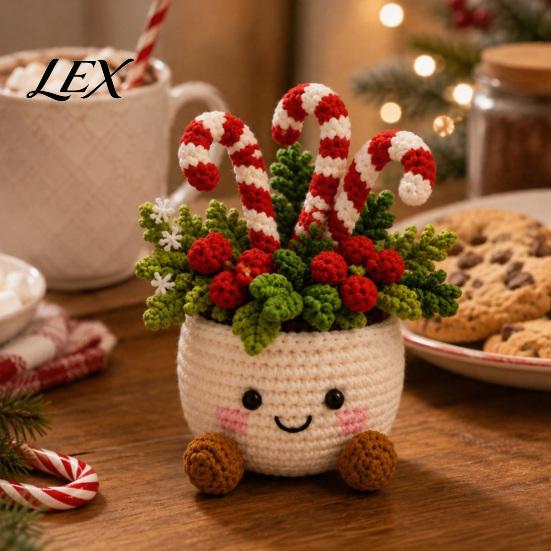 Handcrafted Wool Flower Pots Simulated Crochet Christmas Potted Decor, Knitted Mini Artificial Tree Holiday Gift Ideas for Family Ornament,