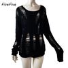 FiveFive Women Dark Goth Split Hole Knit Sweaters Black Gothic Lady Hollow Out Cool Pullover Sweater Autumn Sexy See Through Pull Jumpers