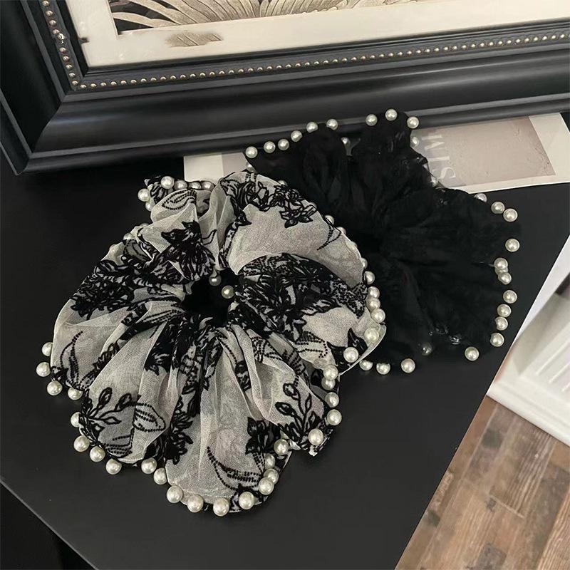 Korean Version Imitation Pearl Mesh Large Size Hair Loop French Style Large Intestine Hair Loop Headrope Women's High-end Lace Headflower