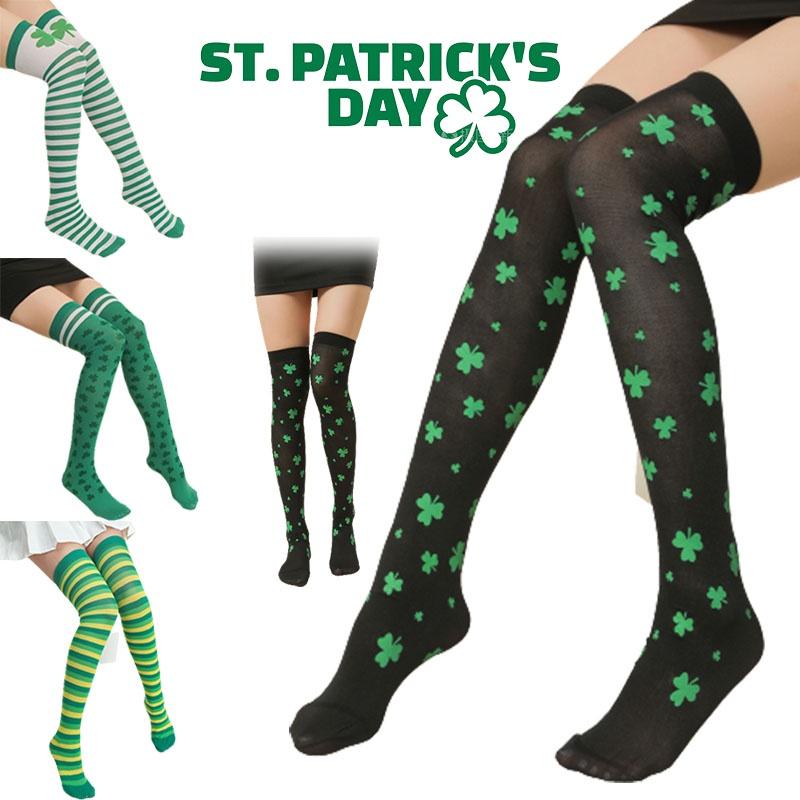 Женщины ул.. Носки до бедра в полоску с трилистником на День святого Патрика