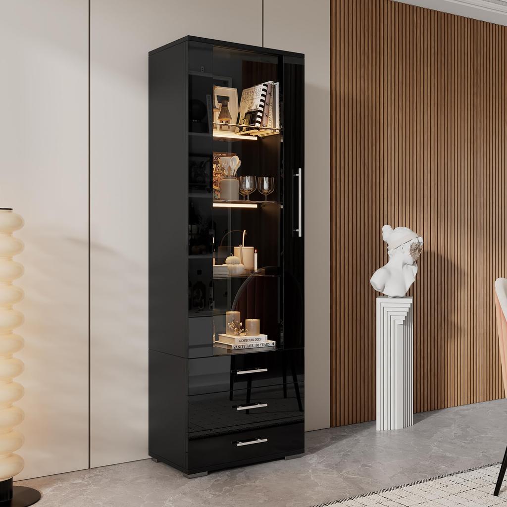 Vitrinenschrank 160cm, Glasvitrine LED-Beleuchtung Schwarz Hochglanz, Moderne Highboard Kommode viel Stauraum Wohnzimmer Küche Büro