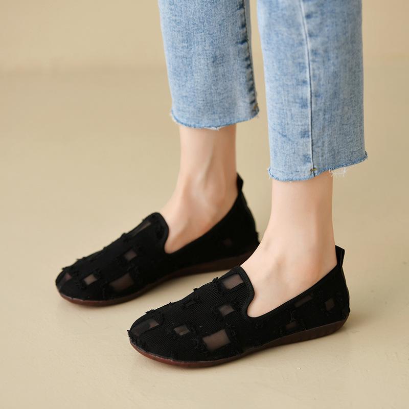 Hollow Cloth Shoes Women's Cotton Linen Lining Sweat-absorbent Breathable Flat-soled Shoes Comfortable Lightweight Non-slip Rubber Soles