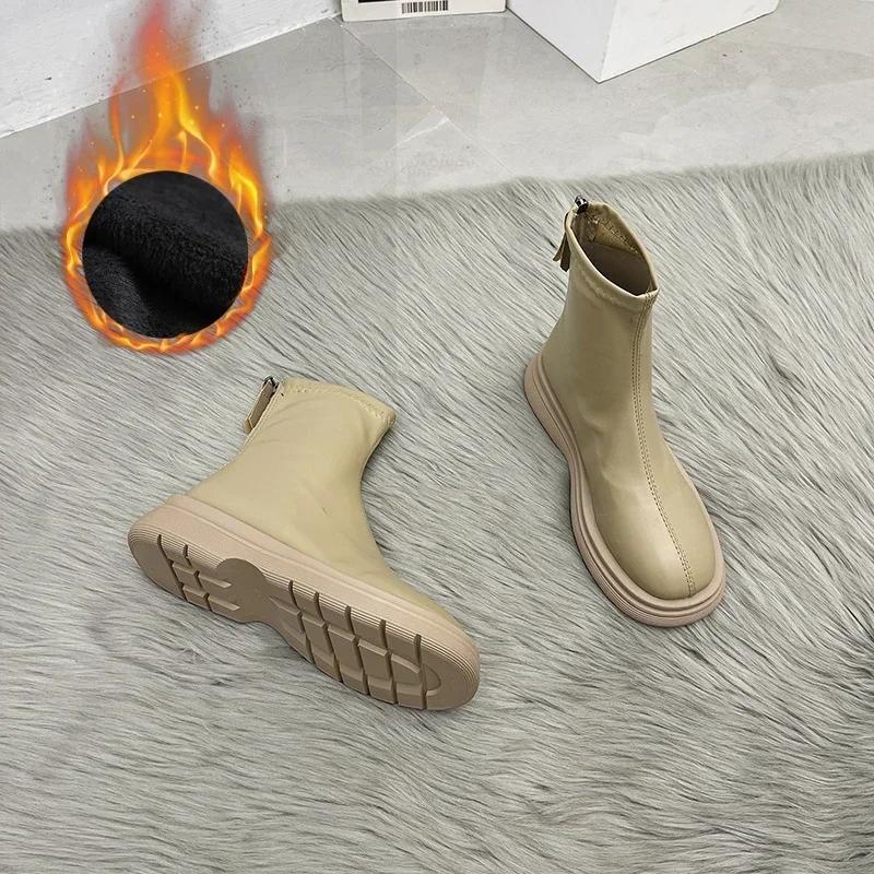 Fashion 2024 Women Long Boots Thick Sole Ladies Zipper Knight Flats Heel Boots Fashion Knee-high Boots Keep Warm Plush Winter Shoes