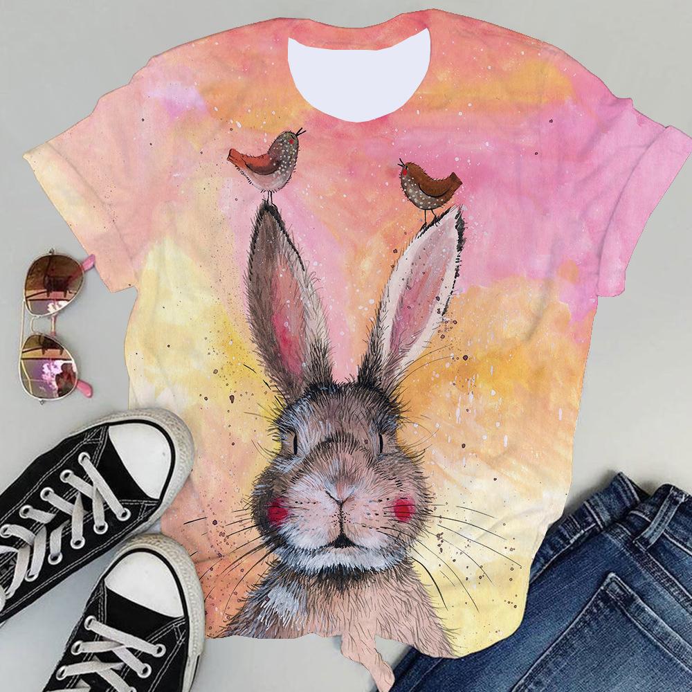 Летний топ с круглым вырезом и принтом 3D кролика, модные повседневные женские футболки с короткими рукавами