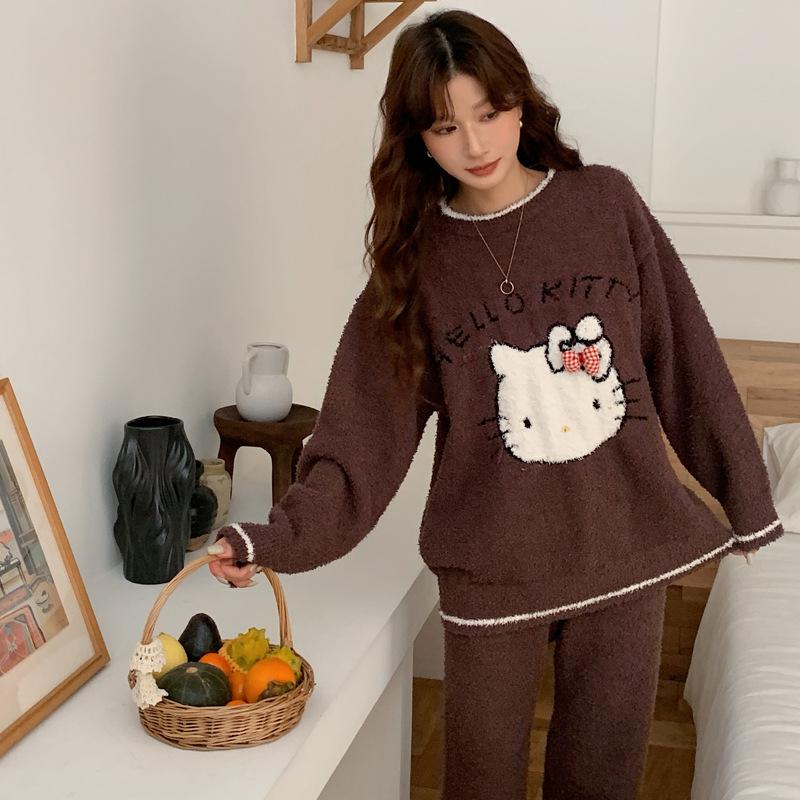 Autumn and winter thickened pajamas women's round neck half-edge fleece thermal suit coral fleece loose and sweet student loungewear