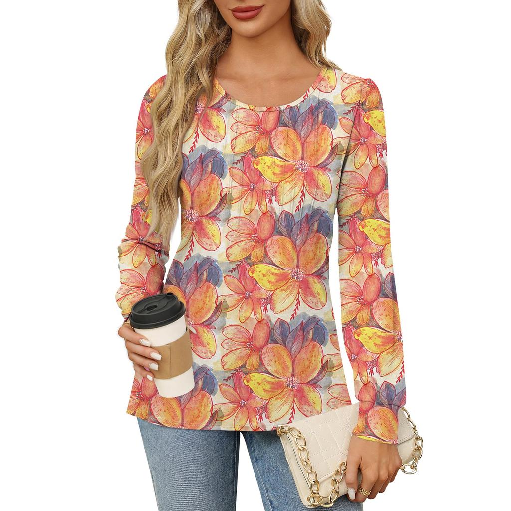 Рубашки с длинным рукавом для женщин, футболки с милым принтом и графикой, блузки, нарядные повседневные блузки, плиссированные топы-туники с овальным вырезом