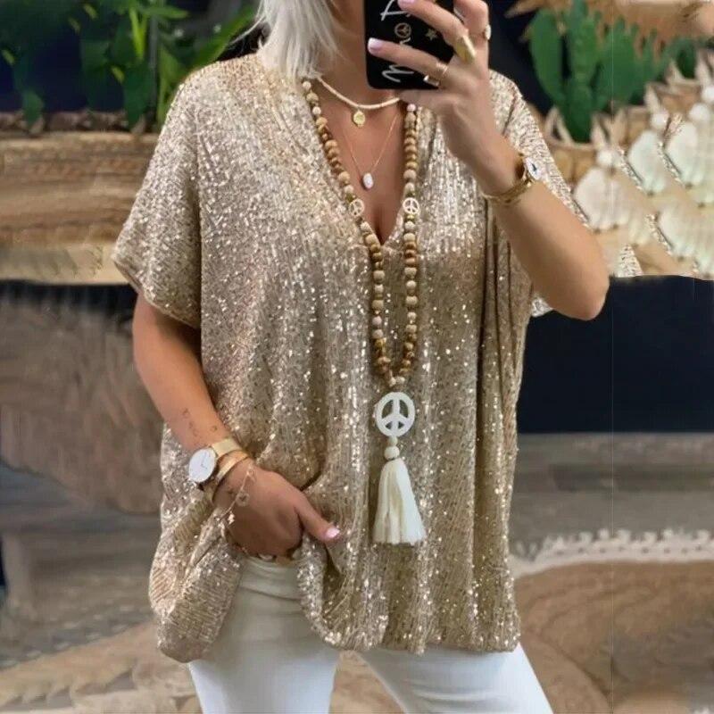 Fashion Sequins V-neck Women Blouse Solid Color Mid Length Shirt Summer Short Sleeve Blouse Women Tops Casual Loose Clothes 30468