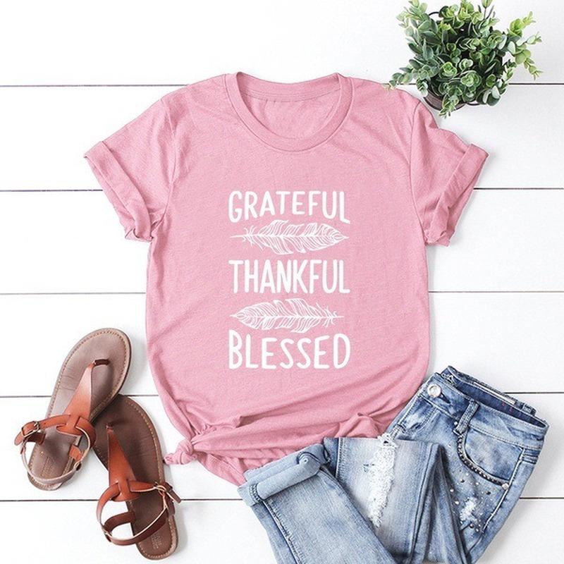 Grateful Thankful Blessed Feather Print Женская футболка с коротким рукавом и круглым вырезом Свободная женская футболка Женская футболка Топы Одежда Mujer