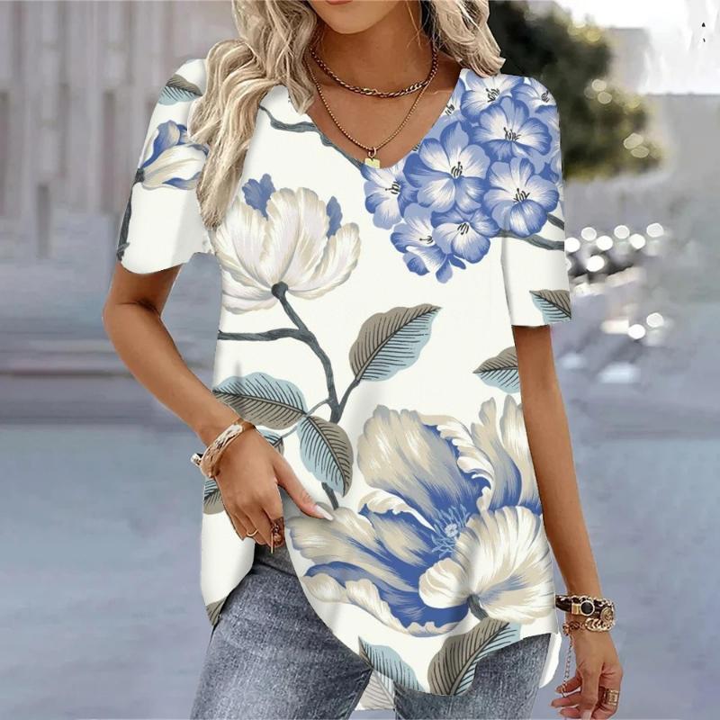 Летние модные футболки с 3D цветочным принтом, женская одежда, футболки, женские повседневные топы с короткими рукавами и v-образным вырезом, свободная блузка S-3XL