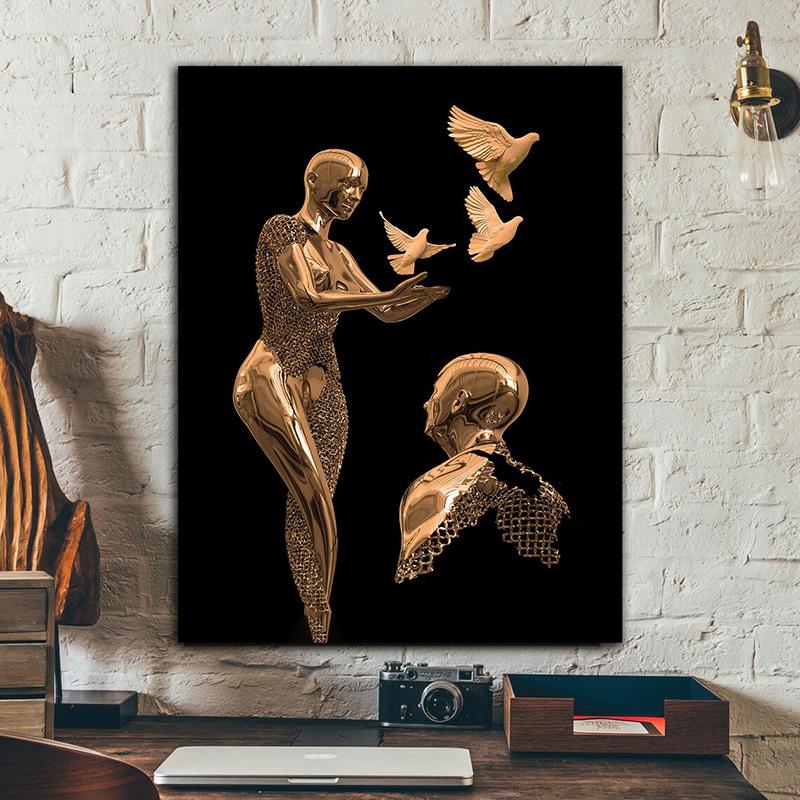 Картина на холсте «Любовные пары» с бронзовой блестящей текстурой, 3D-вид, Настенный декор, постеры и принты для современной гостиной, домашний декор