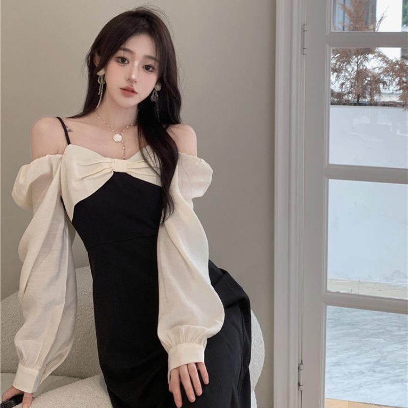 Темпераментное женское платье с длинными рукавами в стиле Хепберн, тонкая, с высокой талией, черная длинная юбка с лямкой на шее, плиссированная молния с дизайном