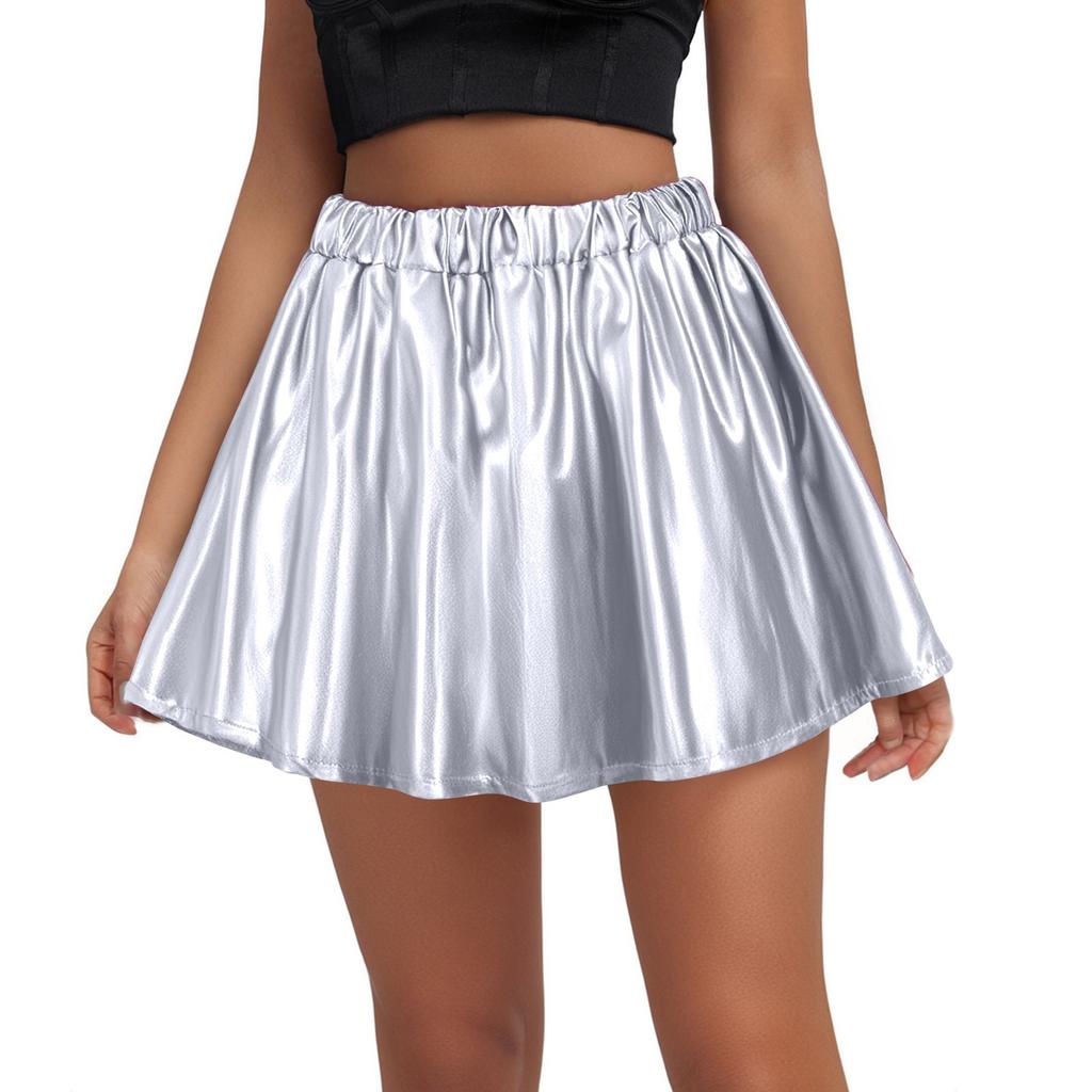 Женская блестящая расклешенная плиссированная короткая юбка с эластичной талией для сценических выступлений