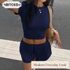 Женские модные повседневные костюмы с коротким рукавом и круглым вырезом