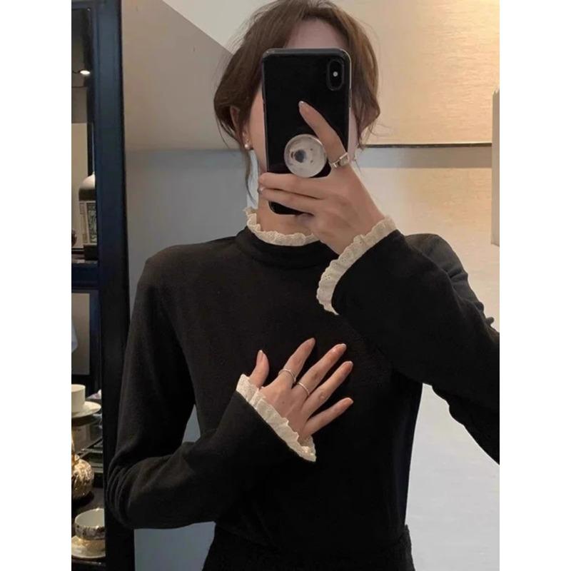 Футболка женская с короткими рукавами из австралийского бархата с кружевом, с полуворотником, осенне-зимняя, тонкая, теплая, внутренняя часть топа