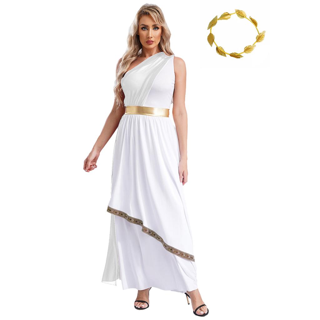Womens Ancient Greek Dance Dress One Shoulder Chiffon Overlay Vintage Trim Tunic Dress Artificial Leaf Garland Headwear
