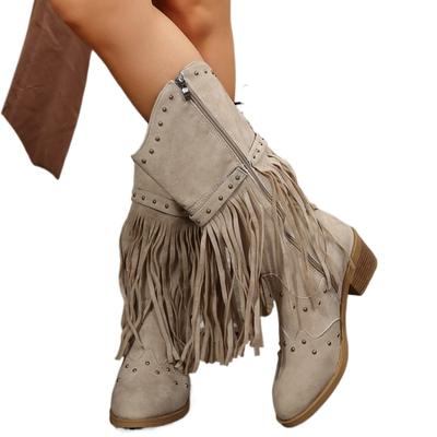 2014 Новые женские сапоги на танкетке с толстым каблуком, заклепками и кисточками, дизайнерские сапоги в стиле вестерн, ковбойские сапоги цвета хаки SyfIyno для женщин, ковбойские сапоги для девушек