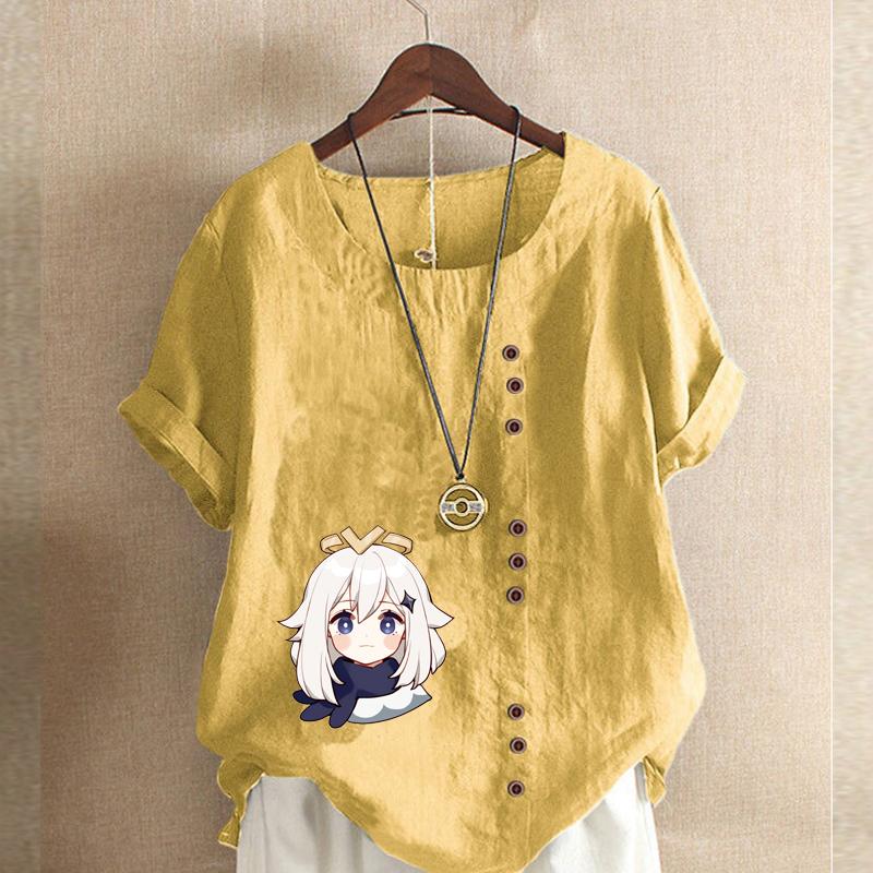 Women's Fashion Round Neck Short Sleeve T-shirt Casual Cotton Linen Graphic Shirt Leisure Loose White Haired Girl Prined Summer Blouse Tops