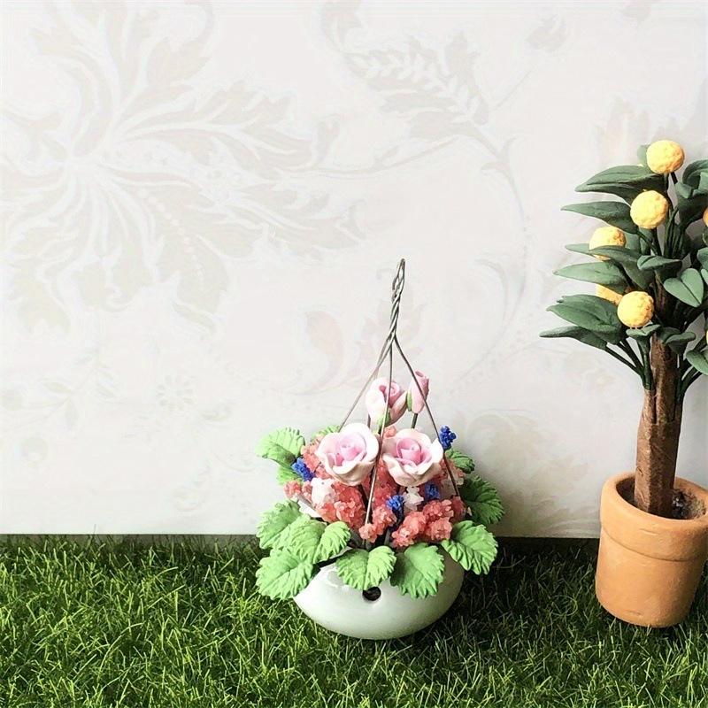 1pcs Garden Balcony Flower Arrangement Ceramic Planter Can Hang Pink Rose Bush Crafts Miniature Scene Ornaments Potted Plants Garden Greenery