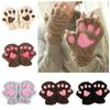 Women Winter Cute Cat Claw Paw Plush Mittens Soft Plush Short Fingerless Fluffy Bear Warm Cat Gloves Costume Half Finger Gift