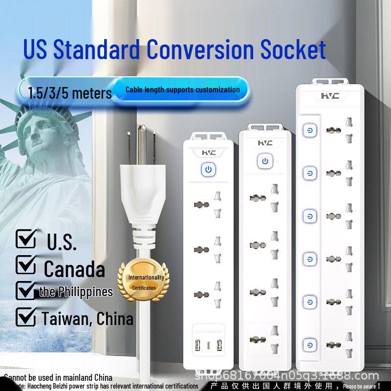 Universal Power Strip with American Standard Sockets and Conversion Plug for USA/Canada