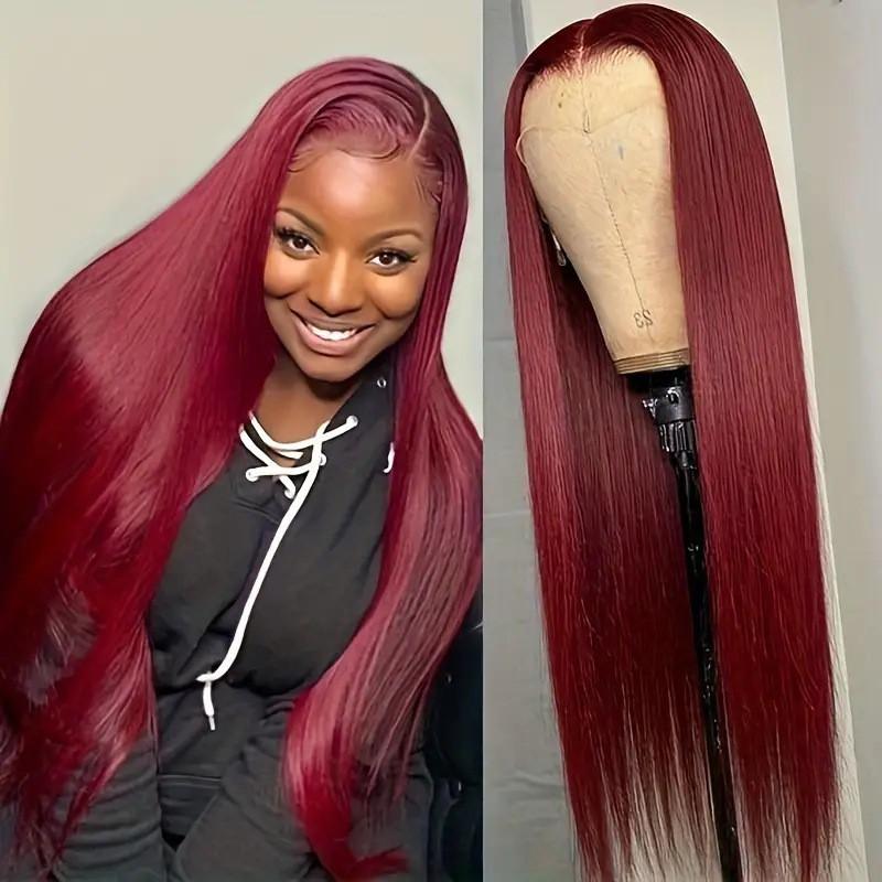 Wine Red Straight Lace Front Wig Women Full Cap Synthetic Hairpiece Heat Resistant Fiber 18-40 Inch Lengths