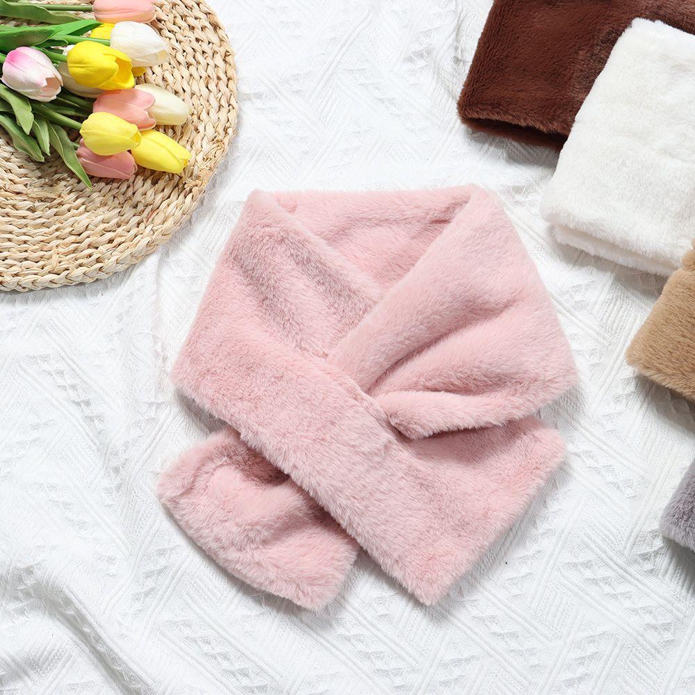 Women Shawl Faux Rabbit Fur Plush Neck Warmer Neckerchief Wrap Cross Scarf Solid Color