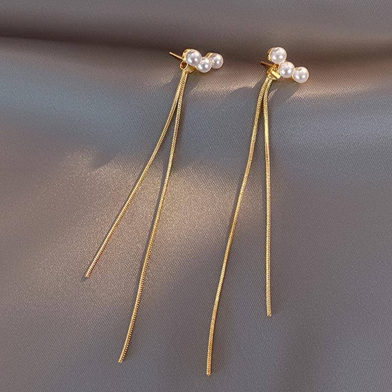 New Gold Color Long Pearl Tassel Dangle Earrings For Women Wedding Drop Earring Fashion Jewelry Gifts