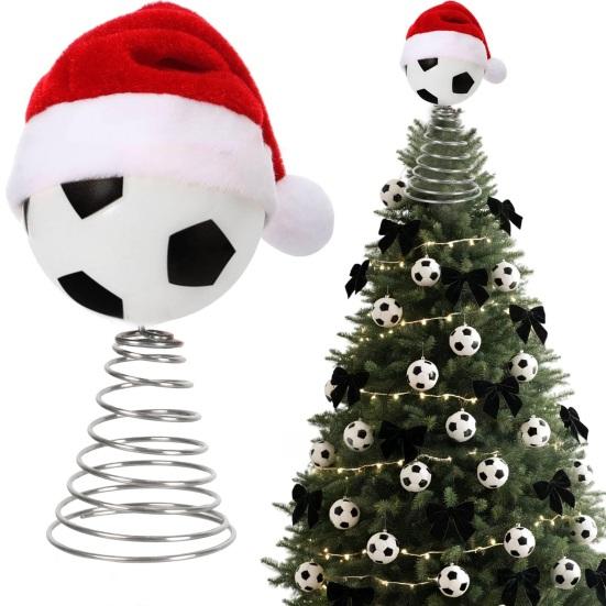 Rugby Christmas Tree Topper with Santa Hat Spring Base Bouncing Sports Ornament Fun Desk Decor for Holiday Parties Valentine's Day Gifts