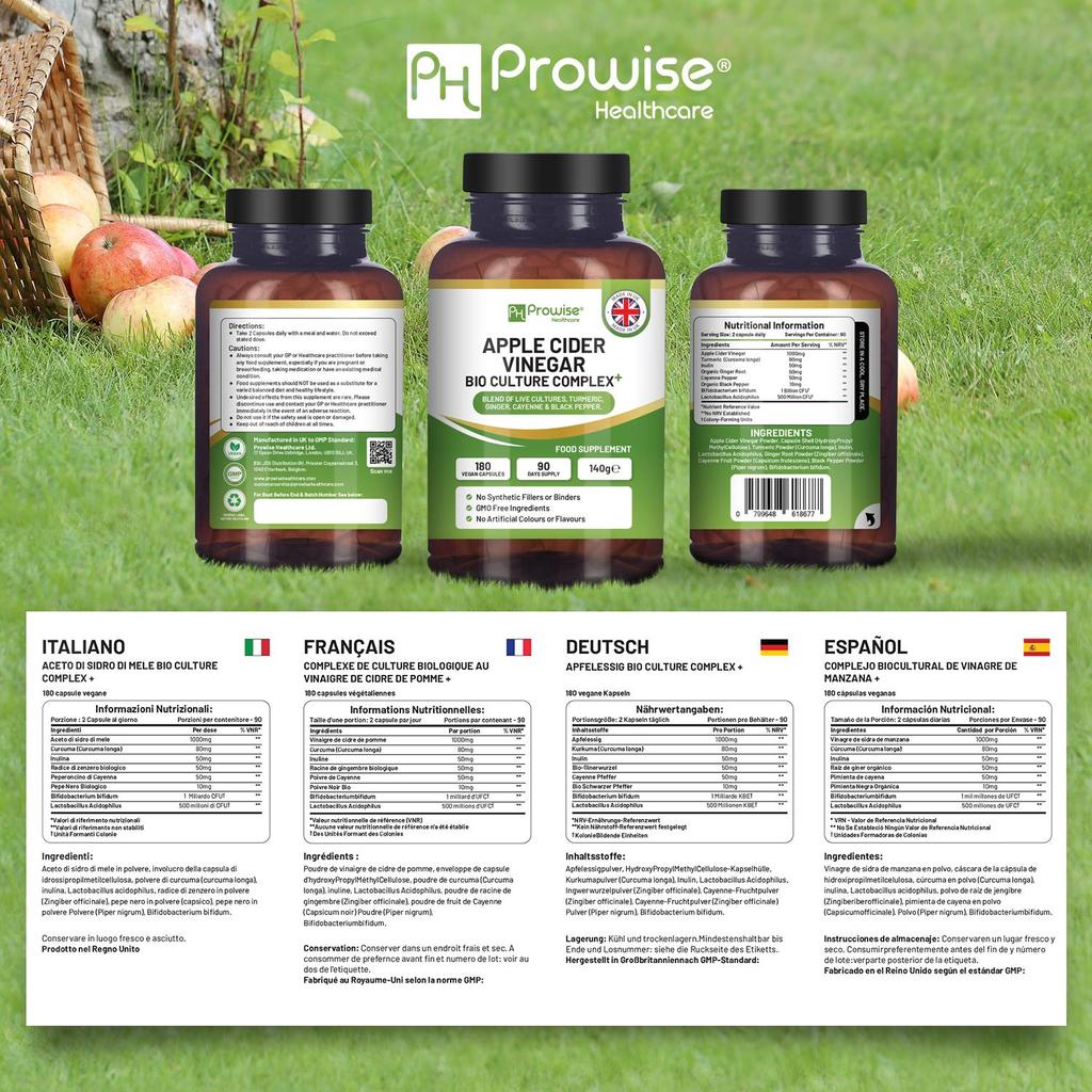 Apple Cider Vinegar with Bio Cultures Complex 1300mg 180 Capsules I Vegan I Made In UK by Prowise