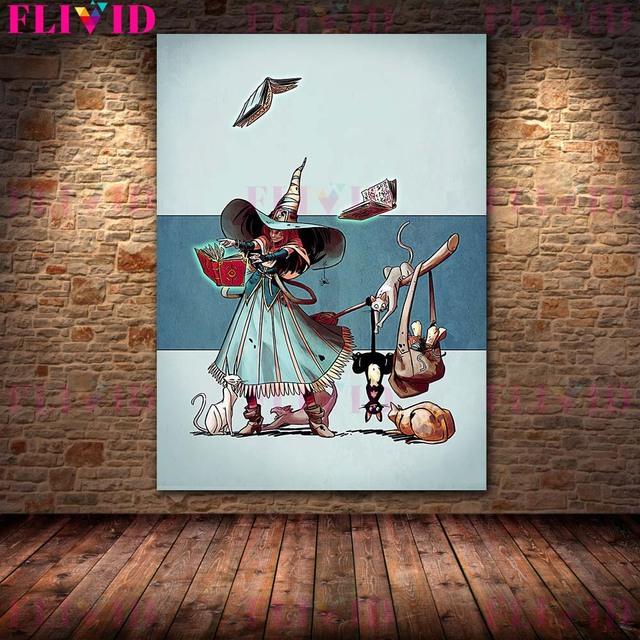 Ведьма и ее кот Настенная картина маслом «Тыквенная ведьма в дождливую ночь» Украшение гостиной