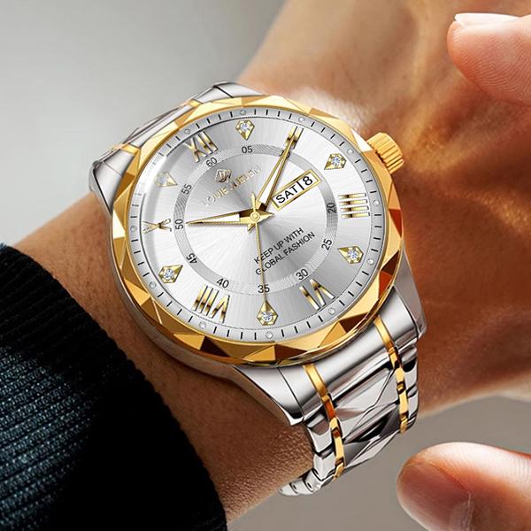 LOUIE JUELEN Business Men's Gold Stainless Steel Watch Strap Waterproof Dual Calendar Mechanical Quartz Simple Pointer Watch