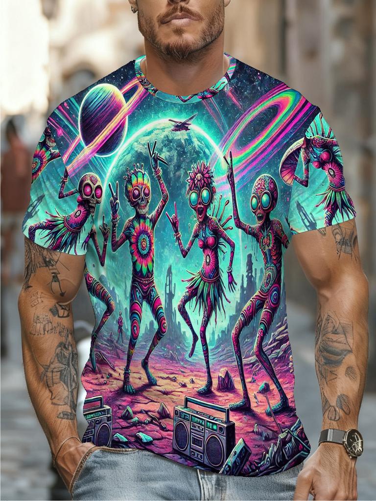 Alien Dancing Print Men's T-Shirt - Soft Breathable Tee, Trendy Planet Radio Design, TikTok Viral 2023 Summer FashionMen's Stylish Casual Round-Neck