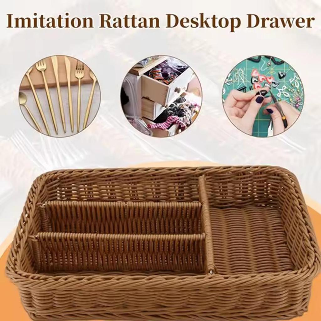 Woven Cutlery Basket Multifunctional Divided Storage Basket Serving Tray Utensil Holder for Pantry Kitchen Bathroom Shelf Forks