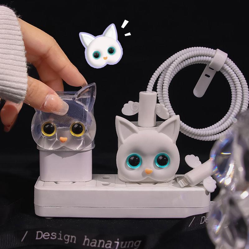 Cute Cat Cable Protector Cord Wire Cartoon Cat Protection Charger Protector Cover Soft Siliconer Charging Cable Charging Case Set for Phone Charger