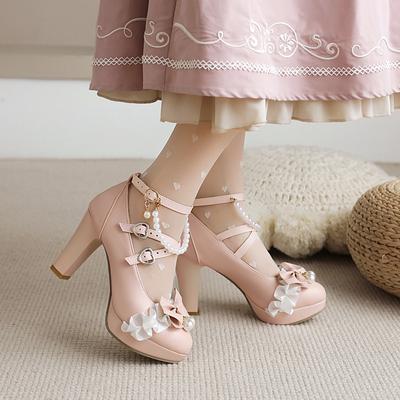 Женская обувь размера плюс 22–28 см, длина ступни, милая обувь Лолиты с пряжкой и бантом для девочек, туфли Мэри Джейн с жемчужной цепочкой, туфли на очень высоком каблуке