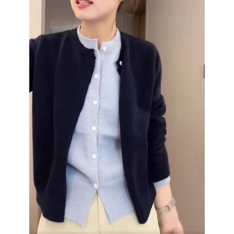 Soft Gray Knit Cardigan Women Fake Two-Piece Layered Sweater College Style Open Front Pullover