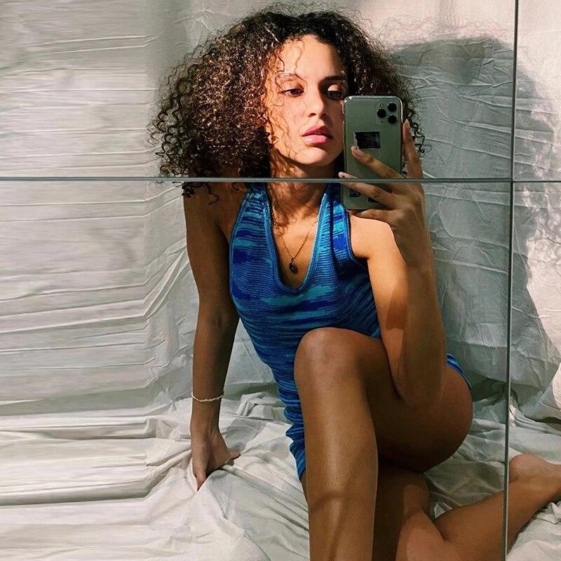 Knitted Dress Fashion Tie Dye Summer Dress Woman Sexy Halter Mini Dress Women Deep V-neck Backless Bodycon Dress