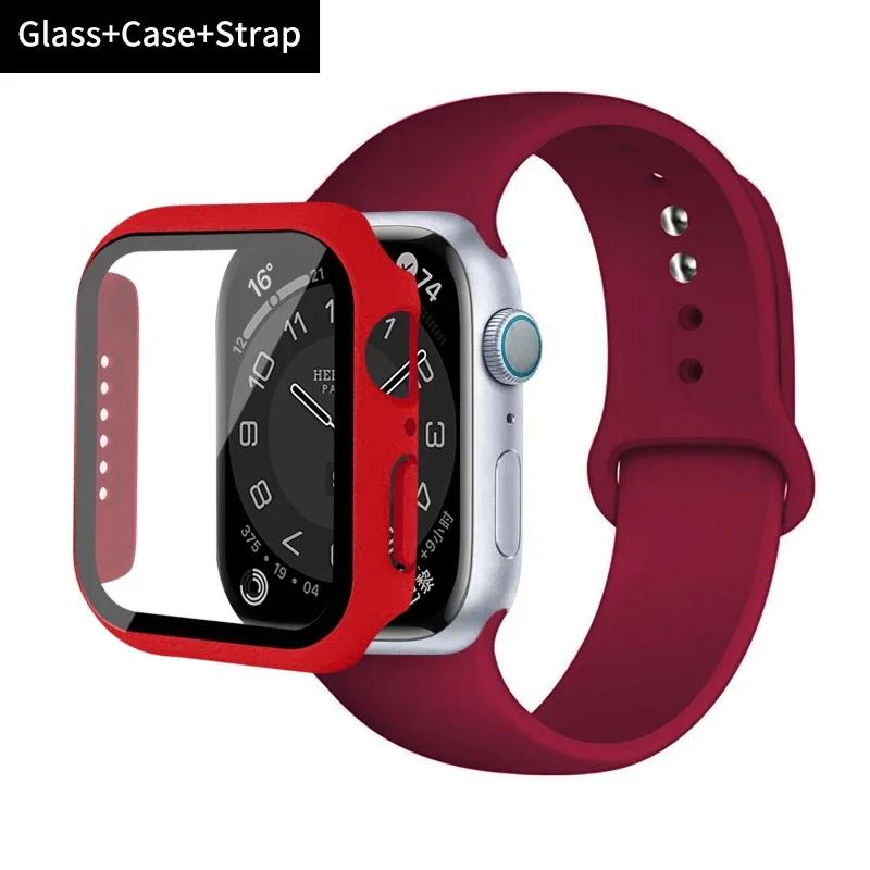 Стекло+корпус+ремешок для Apple Watch band 44 мм 45 мм 42 мм 41 мм 40 мм 38 мм Силиконовый ремешок для часов браслет iWatch series 8 9 7 6 5 4 3 SE