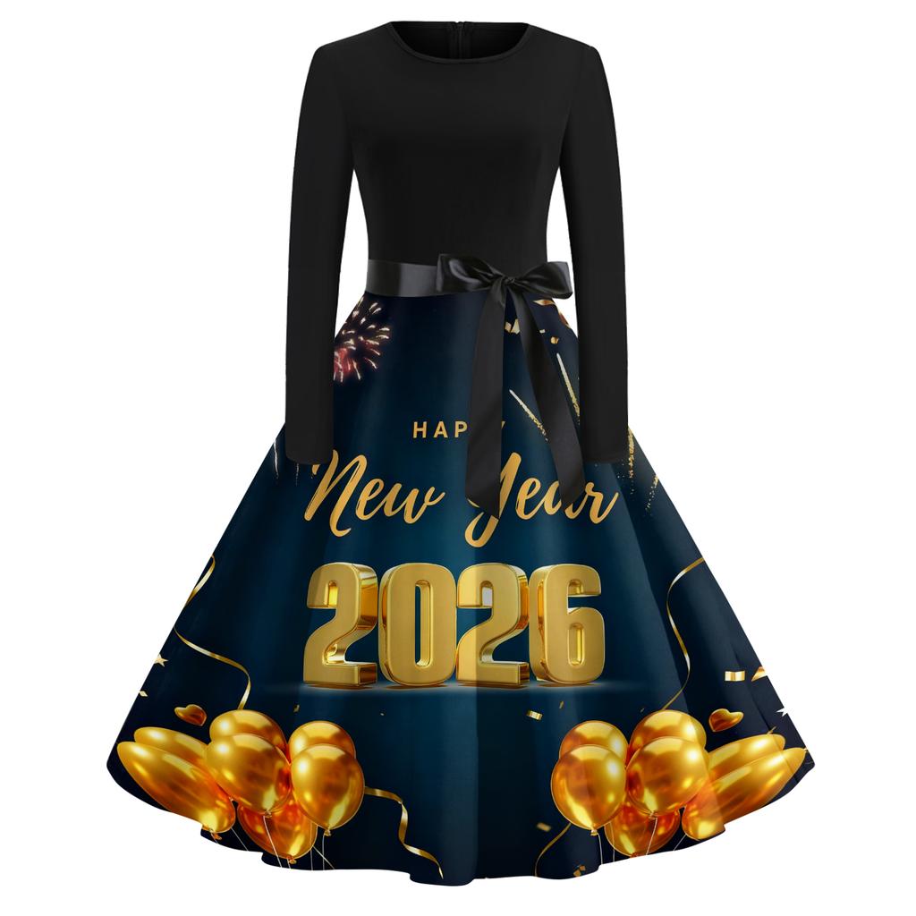 Женское повседневное модное платье с круглым вырезом и длинным рукавом с новогодним принтом в ретро-стиле