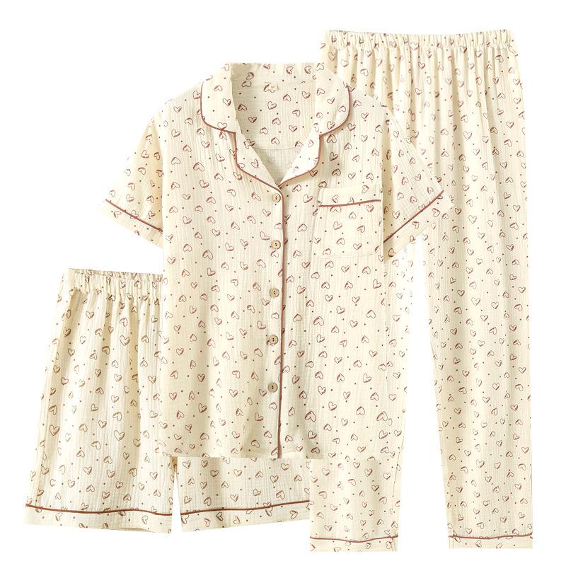 Women's pajamas summer and autumn double-layer pure cotton yarn love short-sleeved trousers shorts homewear three-piece loose homewear