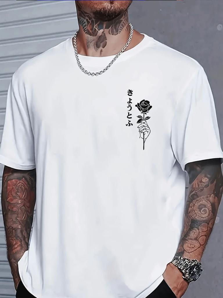 Unisex Crew Neck Tee Japanese Letter Hand Rose Chest Print Short Sleeve Oversized Male Daily Casual Soft Breathable Basic Wear Top
