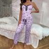 2 Pcs/Set Women Pajamas Set Satin Heart Print Lace Sleeveless Top Bow Elastic Waist Trousers Homewear Top Pants Suit Lady Summer Sleepwear Lounge
