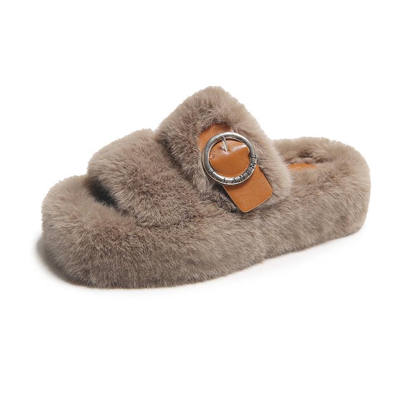 Fashion 2024 New Summer Square Toe Solid Color Belt Buckle Decoration Thick Sole Fashion Fur Slippers Indoor Home Casual Floor Slides