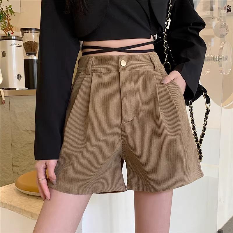 Женские черные вельветовые шорты с высокой талией - осень/зима 2023 года, ретро-мода, широкий дизайн штанин