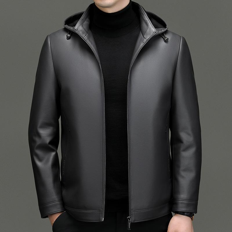 Новая зимняя куртка из овчины, куртка из натуральной кожи среднего возраста, мужская кожаная куртка со съемным капюшоном, куртка из утиного пуха