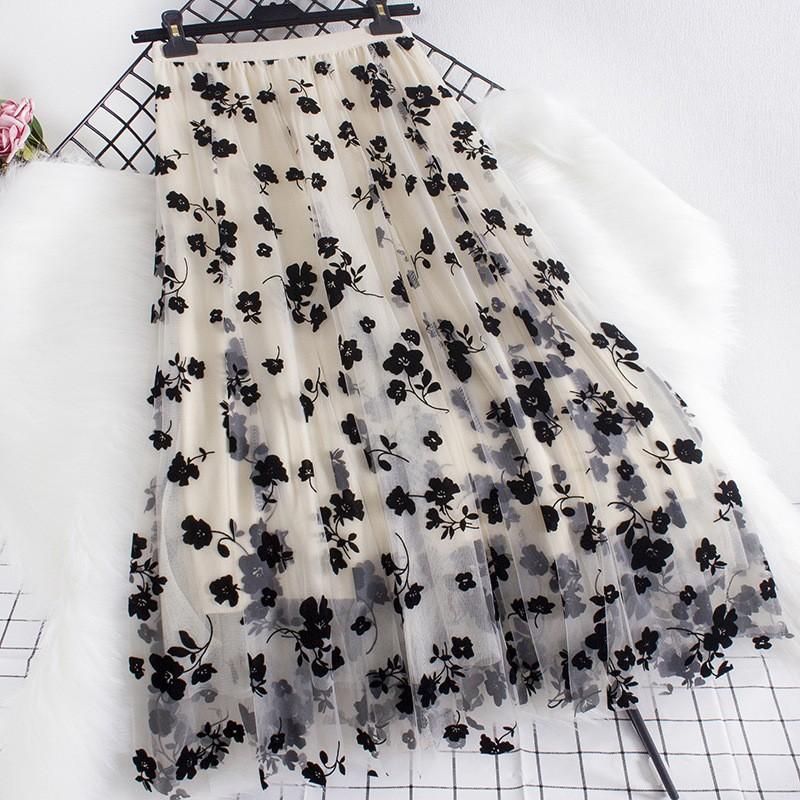 Весенне-летняя универсальная сетчатая юбка с высокой талией и вышивкой, темпераментные длинные юбки средней длины для женщин, тонкие