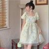 2025 Summer Women's Floral Puff Sleeve Square Neck Dress - Waist-Hugging Princess Style