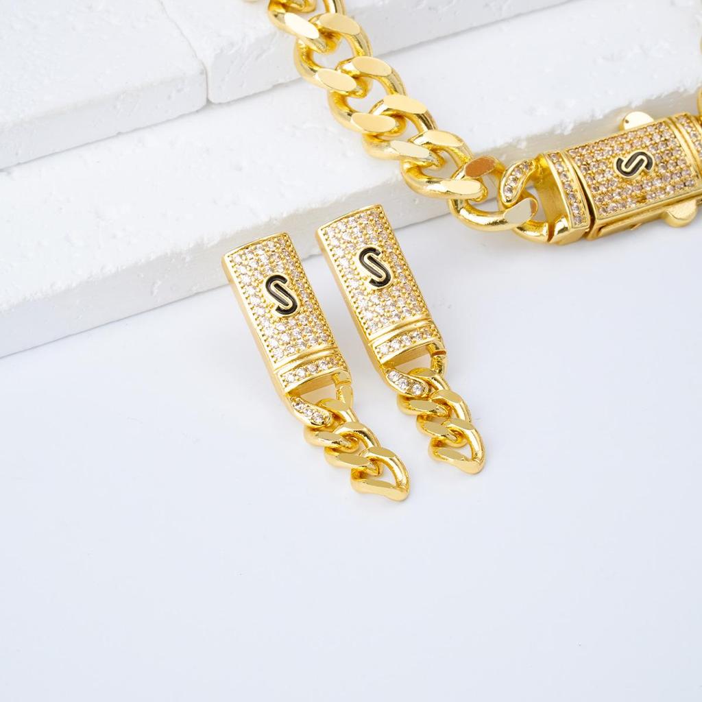 Cuban Style 24K Gold-Plated Jewelry Set: Necklace, Earrings, Bracelet & Ring with Zircon Accents - Bold European & American Hip Hop Design.